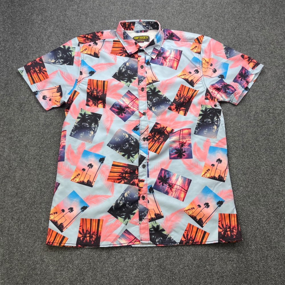 Surf Society Tropical Palm Tree Sunset Print Button Down Shirt